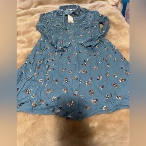 Uniqlo Women Printed Long Sleece Flare Mini Dress in Blue Floral Print M NWT